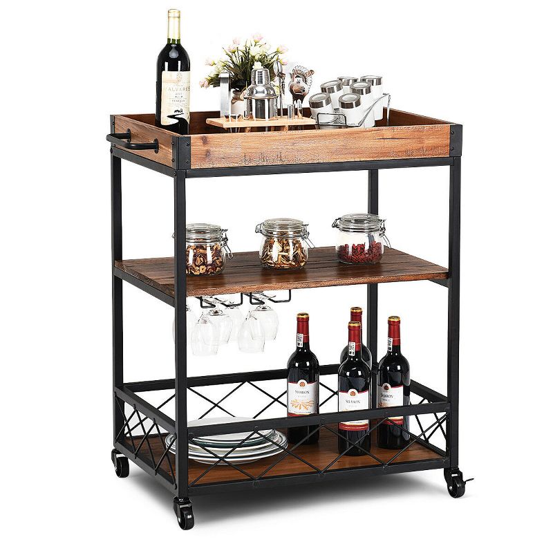 Costway 3 Tier Rolling Kitchen Trolley Island Cart Serving Dining Storage Shelf Utility Black Iron