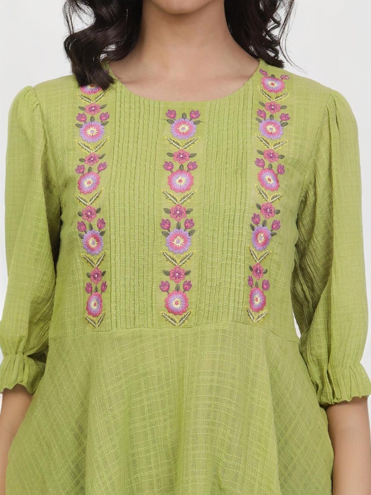 W Green Cotton Embroidered Top