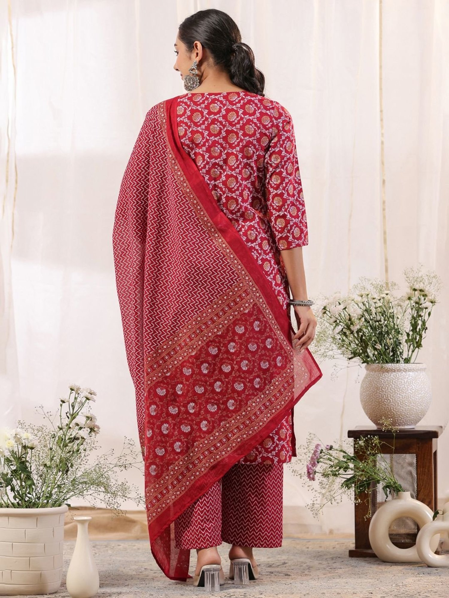 Anubhutee Red Cotton Printed Kurta Pant Set With Dupatta