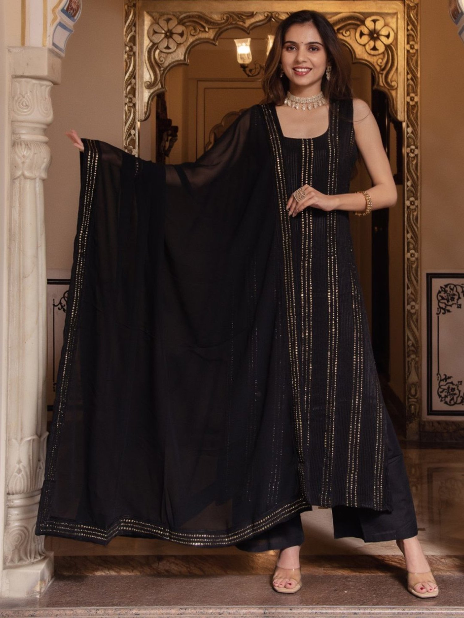 Calmna Black Golden Embroided Straight Kurta with Pant and Dupatta