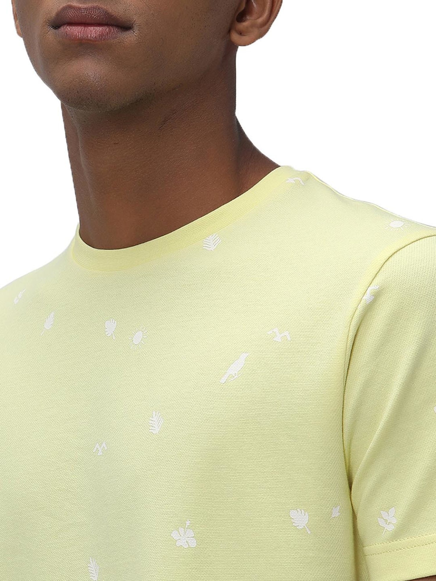 Mufti Yellow Slim Fit Printed Crew T-Shirt