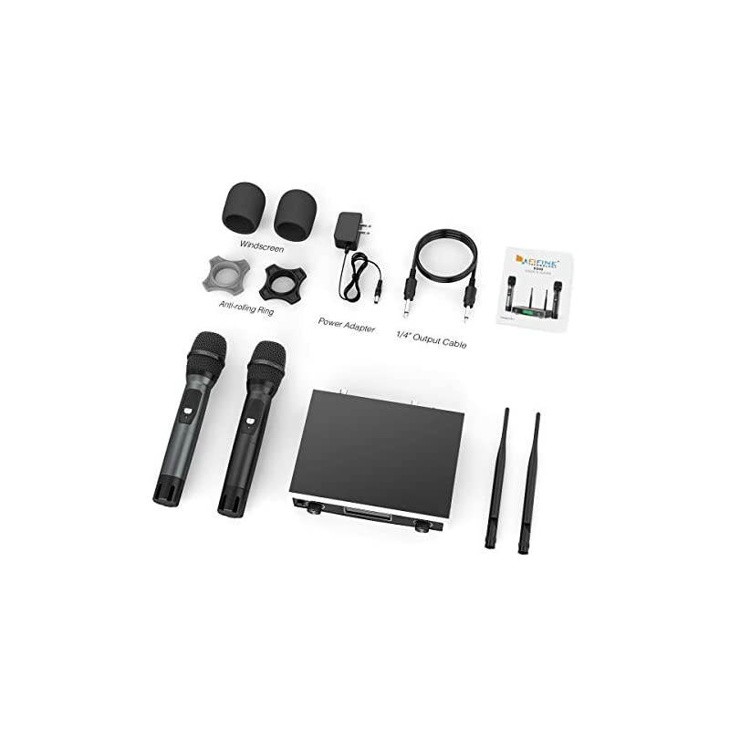 Wireless Microphone System Two Handheld Dynamic Cordless Mic and Dual Channel Receiver 50 Selectable UHF Frequency for Karaoke Singing PartyChurchDJWeddingSchool PresentationK040