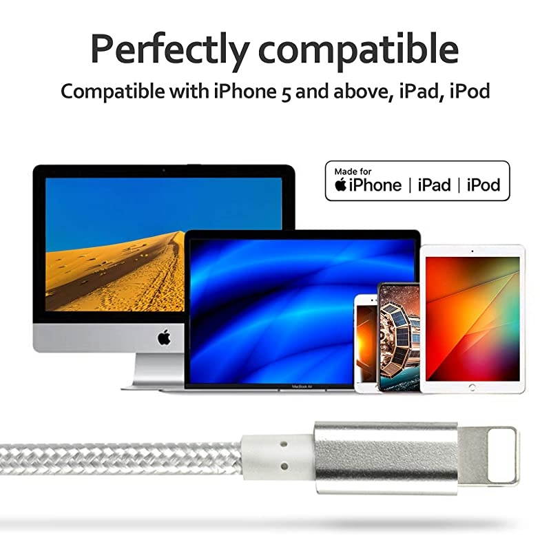 iPhone Charger, MFi Certified 5 Pack[3/3/6/6/10FT] USB Lightning Cable Nylon Braided Charging Cord Compatible for iPhone X/Max/12/11/8/7/6/6S/5/5S/SE/Plus/iPad - Silver