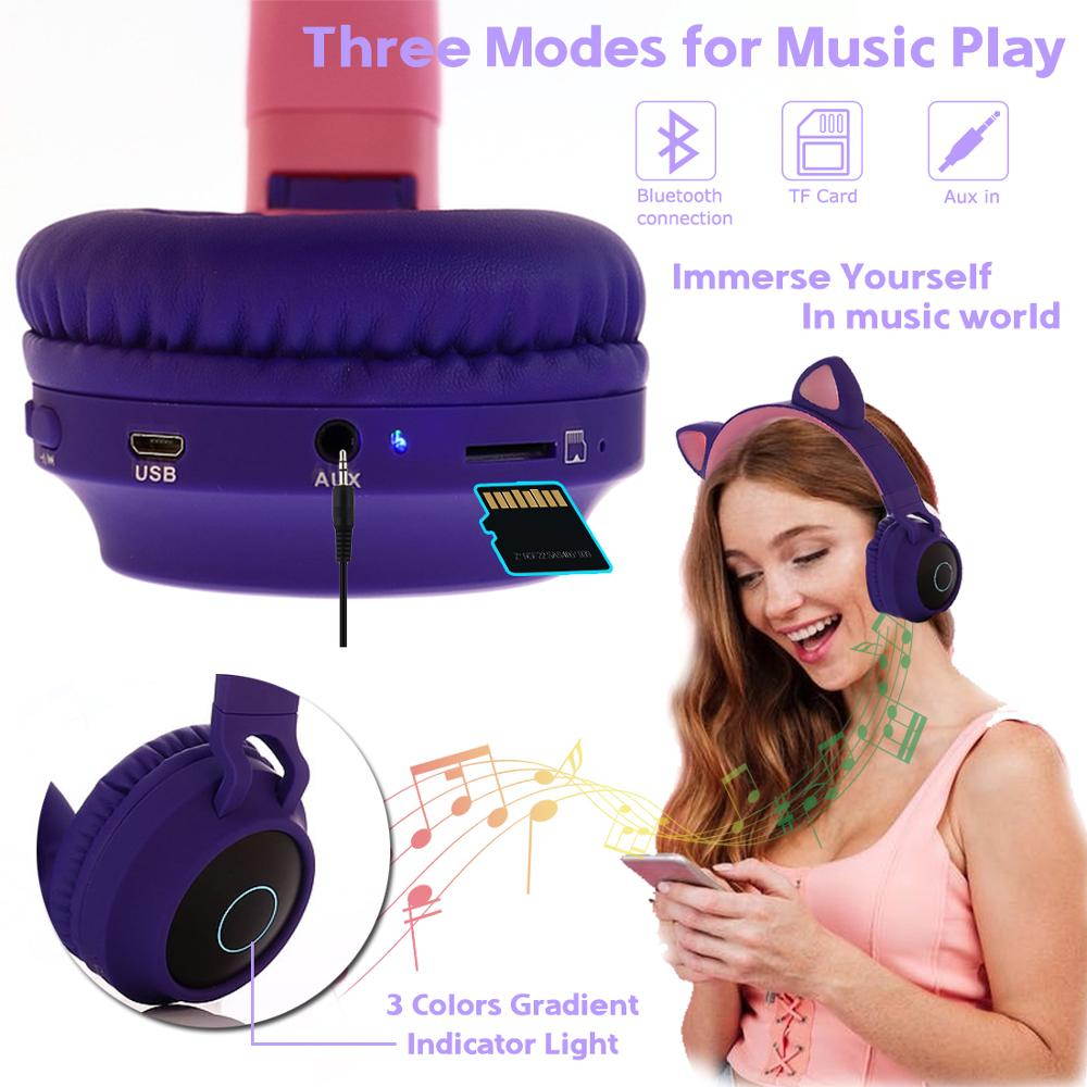 Cat Ear LED Bluetooth Headphone Bluetooth 5.0 Kids Headphones Glowing Light Handsfree Headset Gaming Earphones for PC