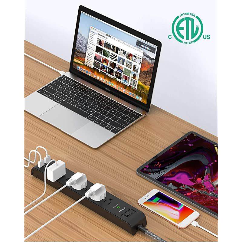 Pack Surge Protector Power Strip with 6 Outlets USB Ports 5Foot Long HeavyDuty Braided Extension Cords Flat Plug 900 Joules 15A Circuit Breaker Wall Mount for Home Office