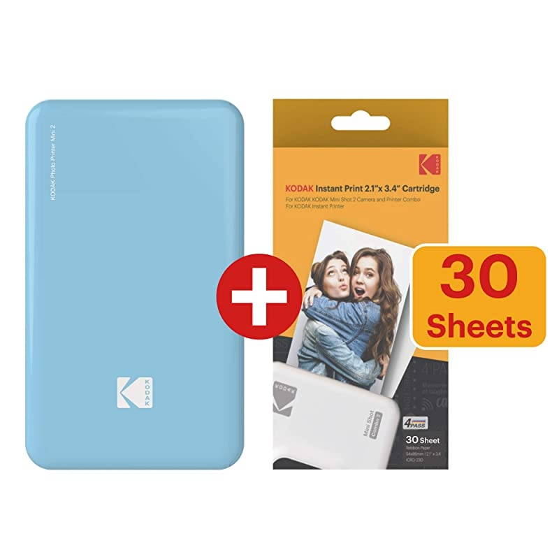 Mini 2 HD Wireless Portable Mobile Instant Photo Printer Compatible with iOS Android Devices Printer + 30 Pack Blue
