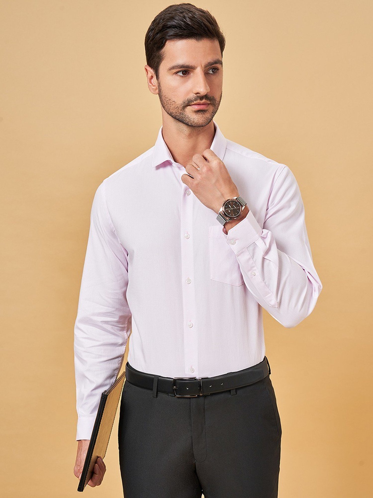 Peregrine by Pantaloons Light Pink Cotton Regular Fit Texture Shirt