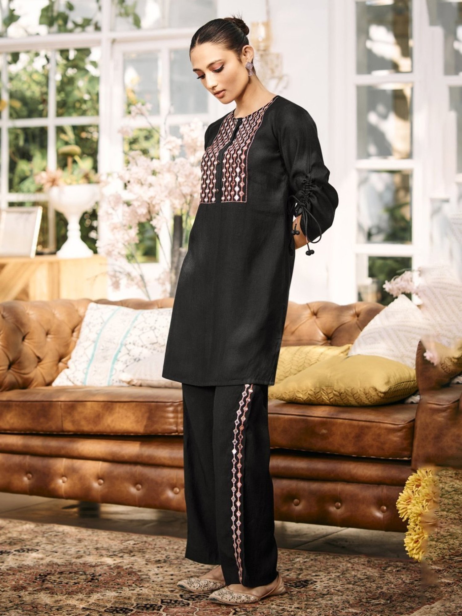 Autumnlane Lama Black Embroidery Tunic with Pant Co-ord Set