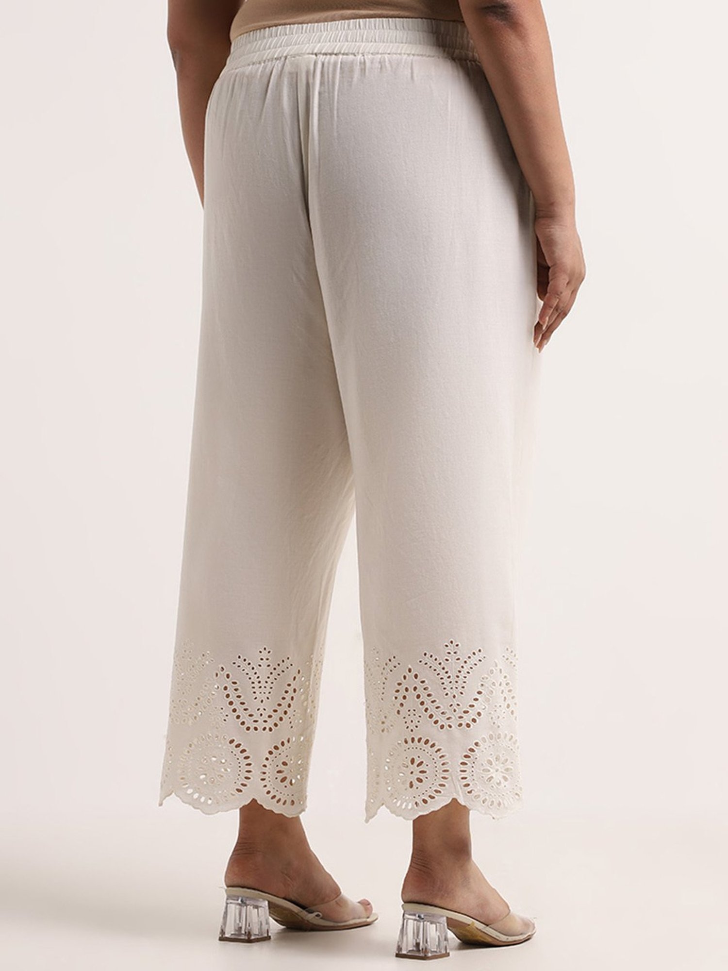 Diza by Westside Off-White Schiffli Detailed Straight Cotton Palazzos
