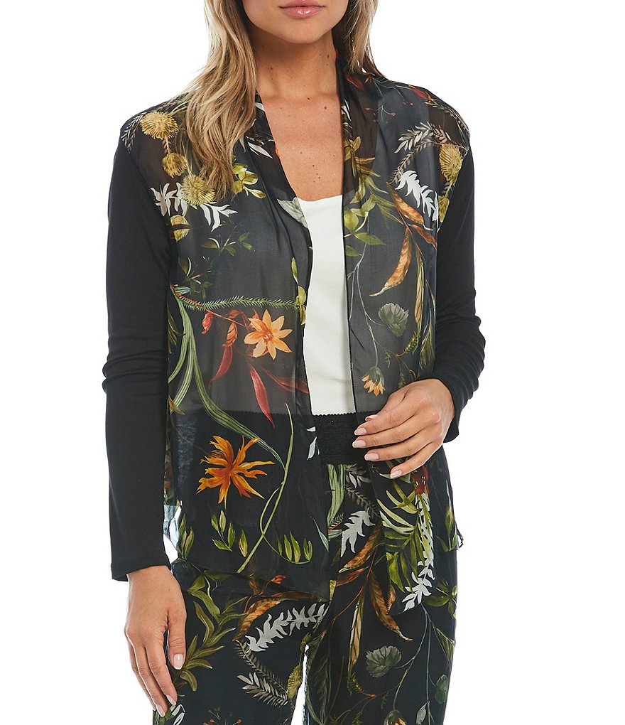 M Made in Italy Floral Print Silk Long Sleeve Cardigan