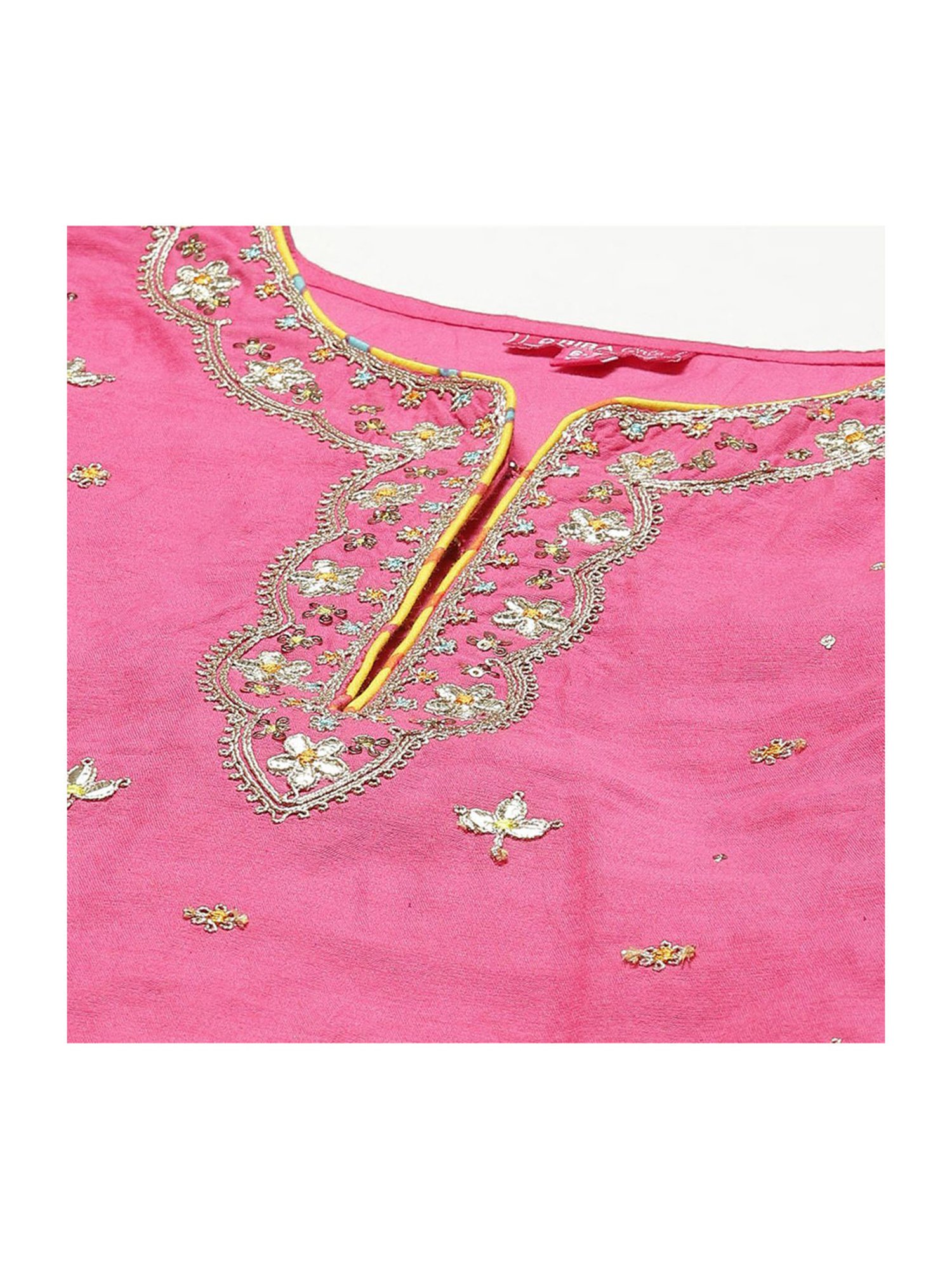 BIBA Girls Pink & Yellow Cotton Embroidered Kurta Set