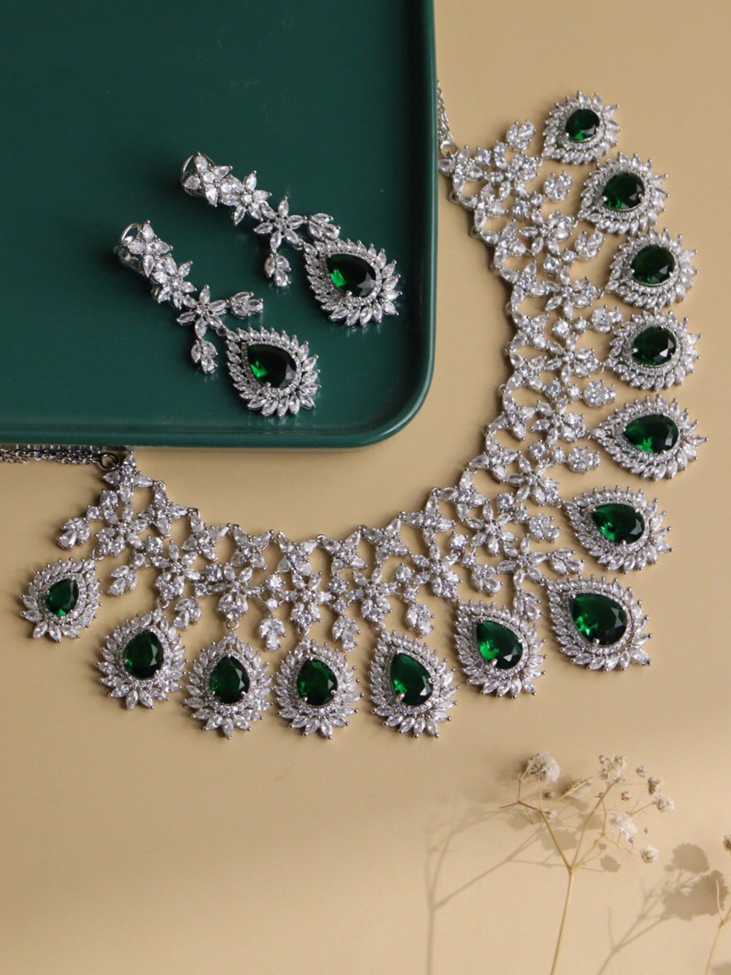 Curio Cottage Feathered Green Diamante Cubic Zirconia Necklace Set