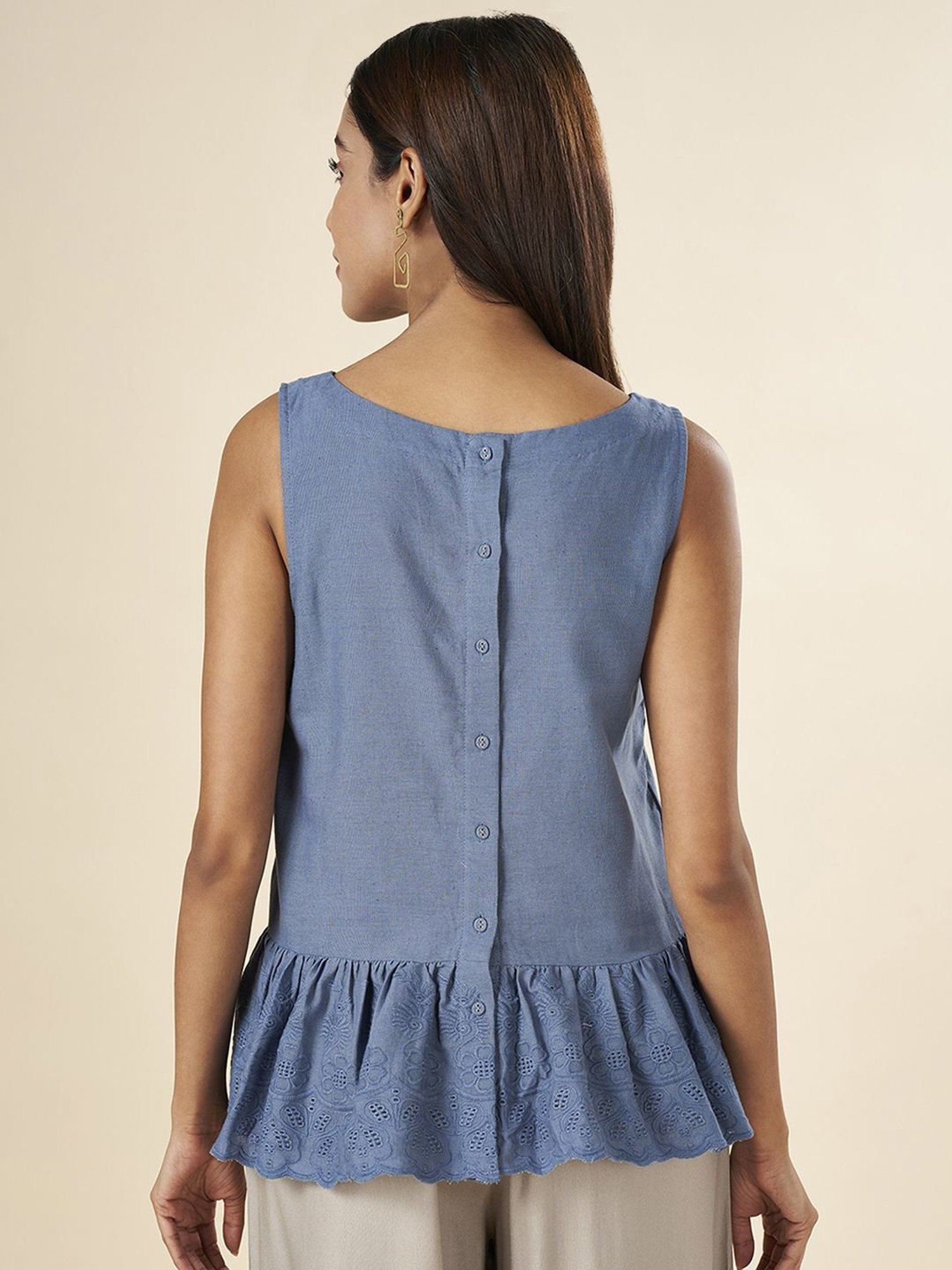 Akkriti by Pantaloons Blue Cotton Embroidered Top