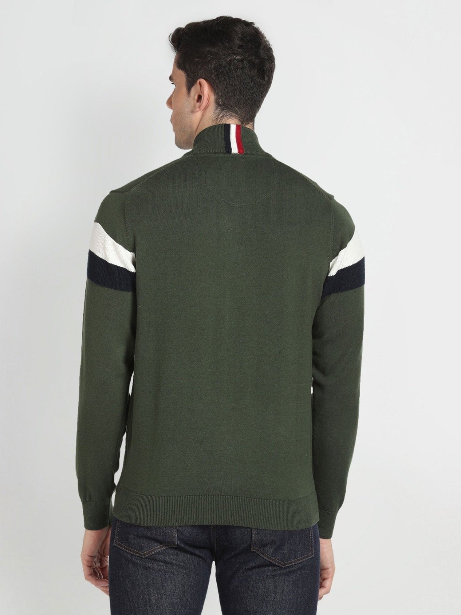 Arrow Sport Olive Cotton Regular Fit Striped Sweater