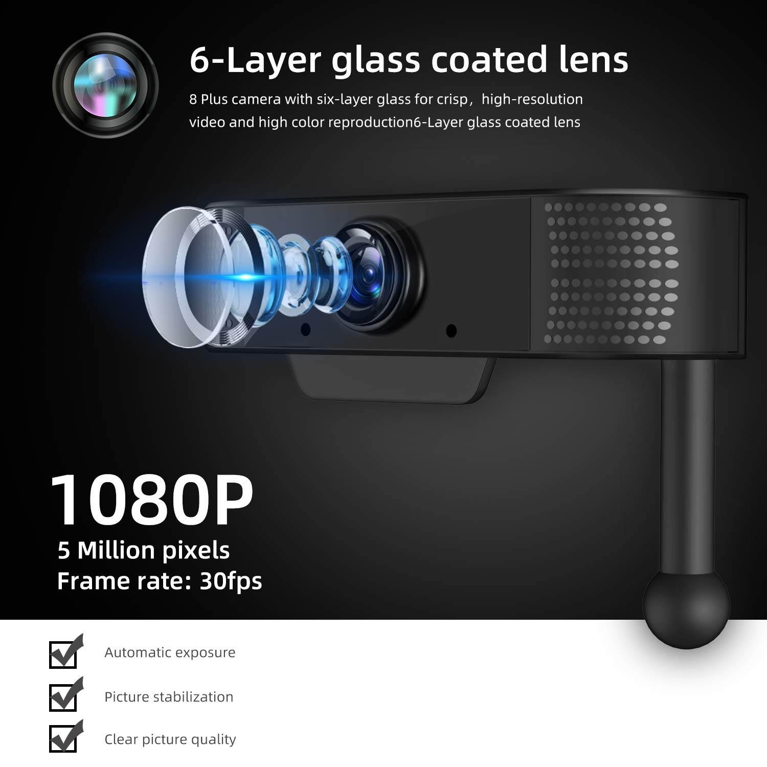 1080P Full HD Webcam with Microphone, USB Web Cameras Streaming Computer Camera for Windows Mac PC,120 Degrees Wide-Angle 30fps, Large Sensor Superior Low Light for Video Calling Conferencing Gaming