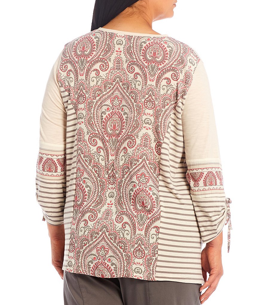 Multiples Plus Size Paisley & Stripe Print Slub Knit V-Neck Tie Sleeve Detail 3/4 Sleeve Top