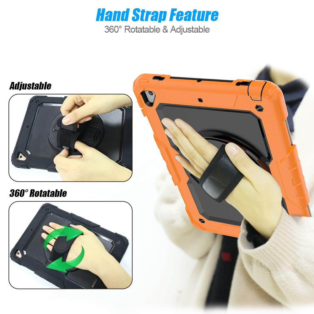 IPad 5th/6th Generation Case,Shockproof, Drop proof, 360 Degree Rotation Kickstand, Hand Strap,Shoulder Strip to Hang in Car Seat.Built-in Screen Protector for New iPad 9.7 2018/2017 Case