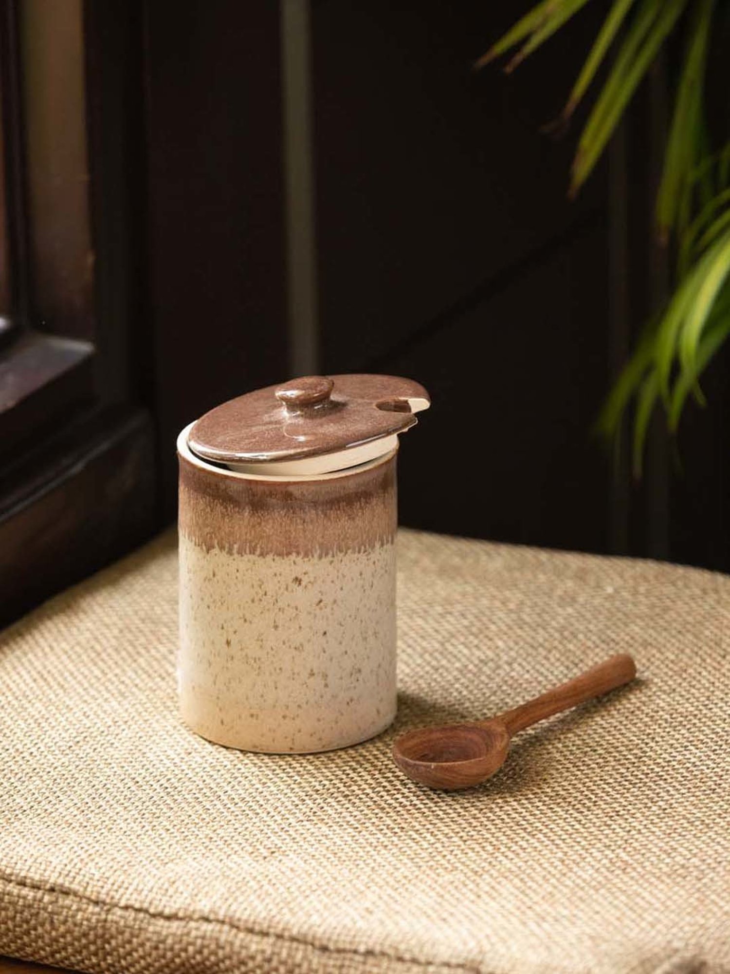 ExclusiveLane Refreshing Creams Studio Pottery Ceramic Pickle & Jam Jar With Spoon