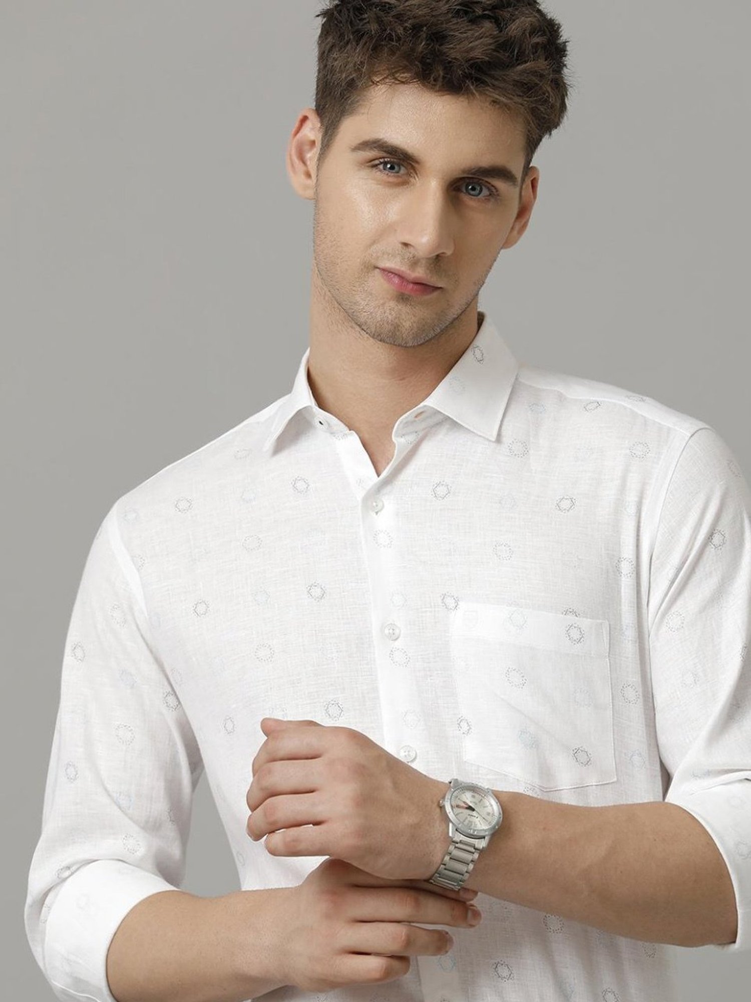 Linen Club White Linen Contemporary Fit Printed Shirt