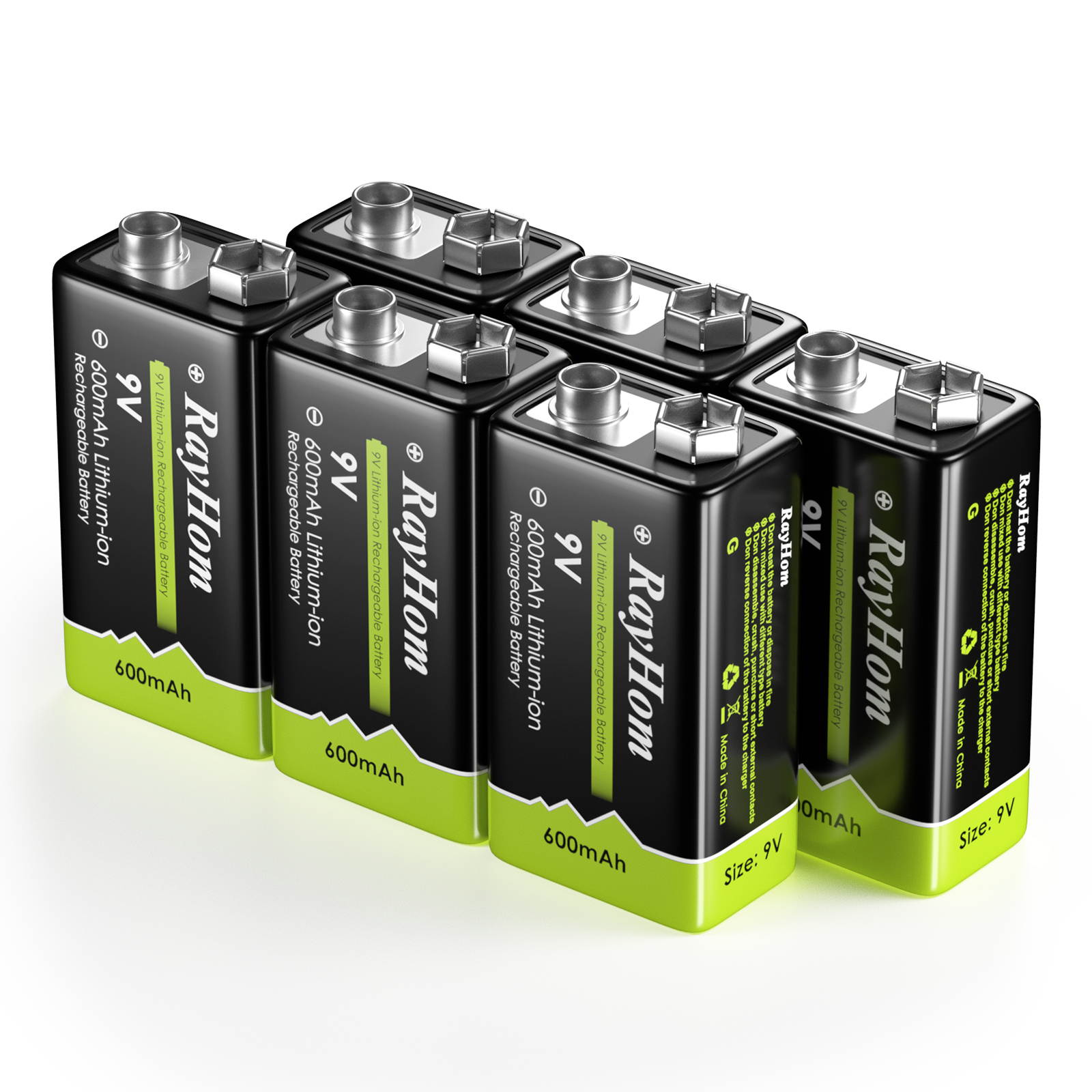 RayHom 9 Volt Rechargeable Batteries Lithium ion 9V 600mAh Li-ion Batteries (4-Pack)