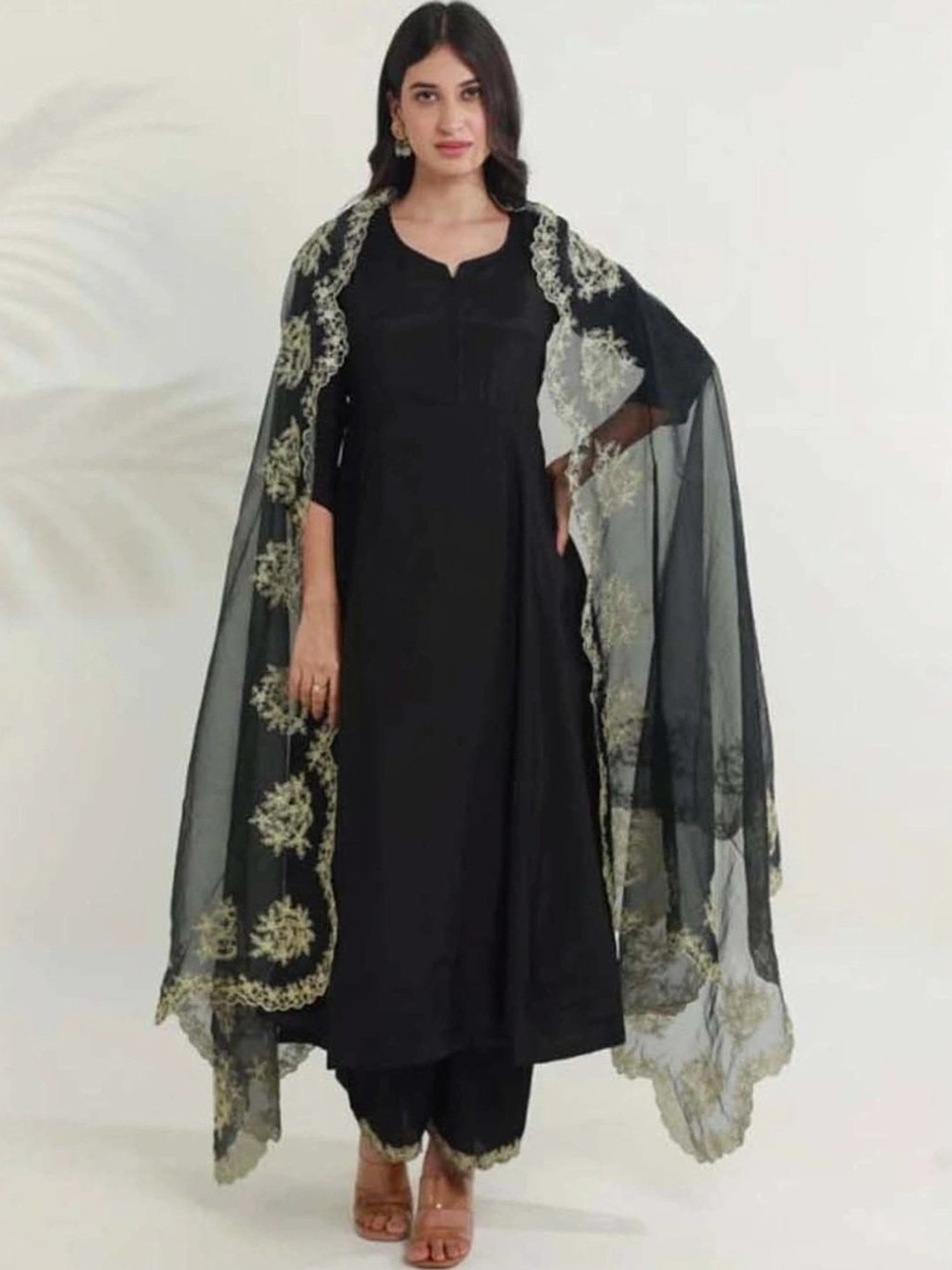 Asrumo Black Tara Chanderi Heavy Aari Embroidery Three Kali Kurta with Pant and Dupatta