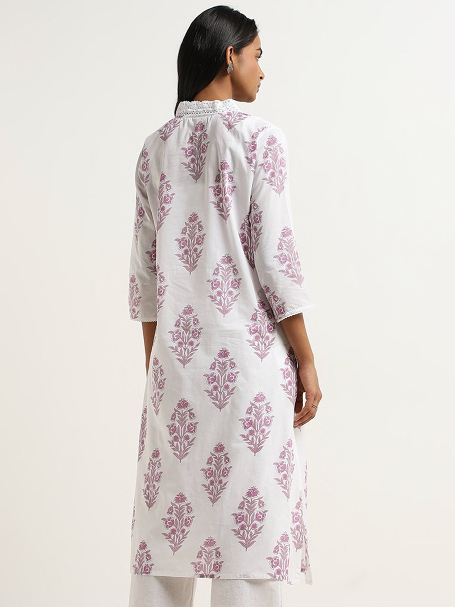 Utsa by Westside Lilac Floral Patterned A-Line Cotton Kurta
