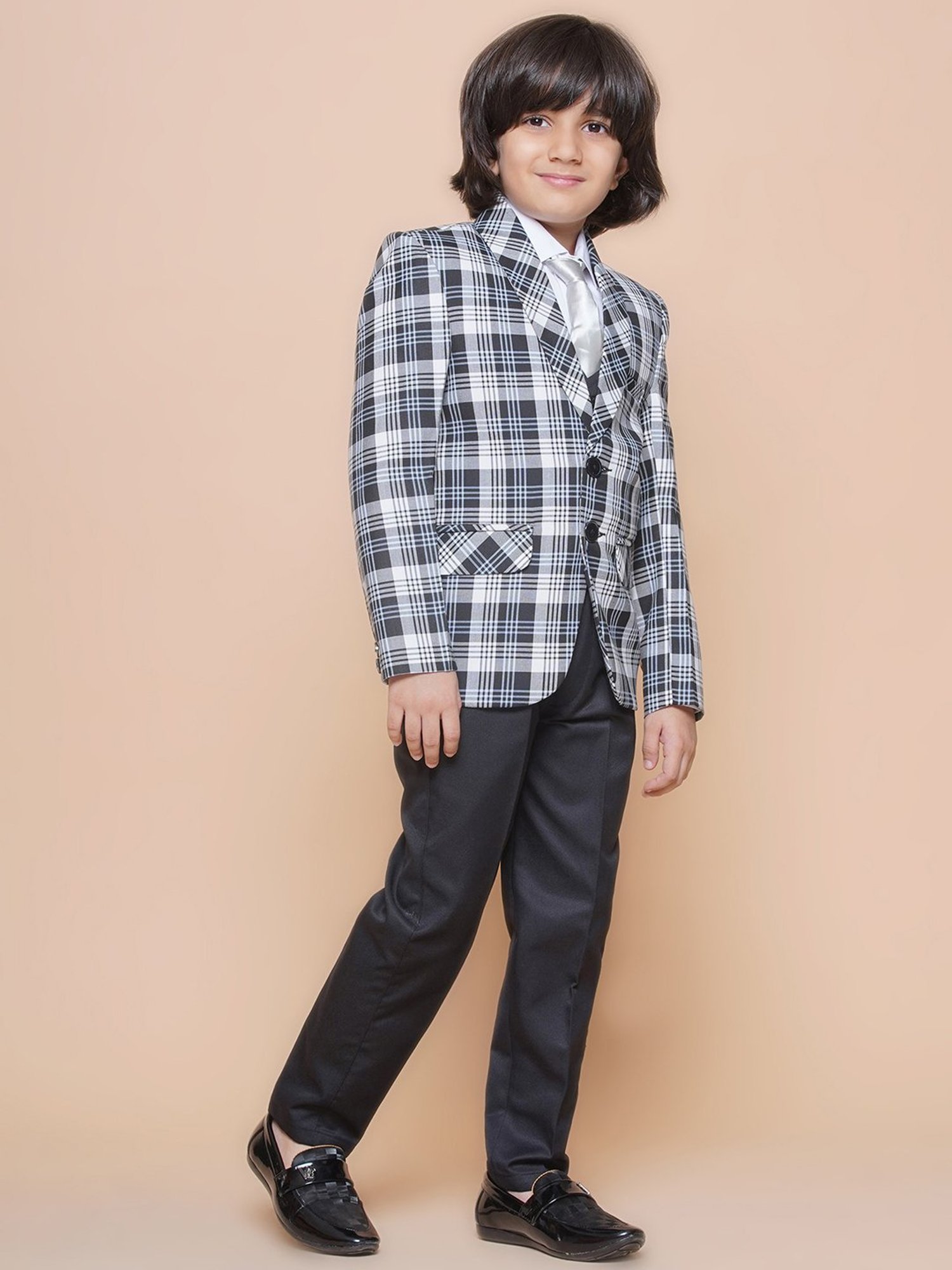 AJ Dezines Kids Sky Blue & Black Solid Full Sleeves Shirt, Pants, Coat, Waistcoat with Tie