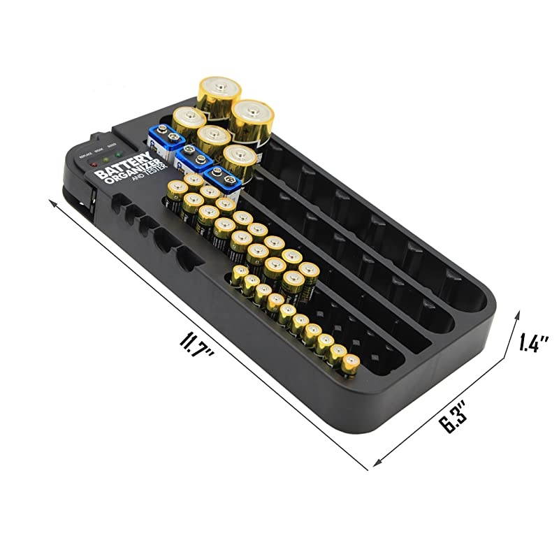 Battery Organizer Storage Case with Hinged Clear Cover, Includes a Removable Battery Tester, Holds 93 Batteries Various Sizes AA AAA C D 9V Battery Storage Case/Holder/Container