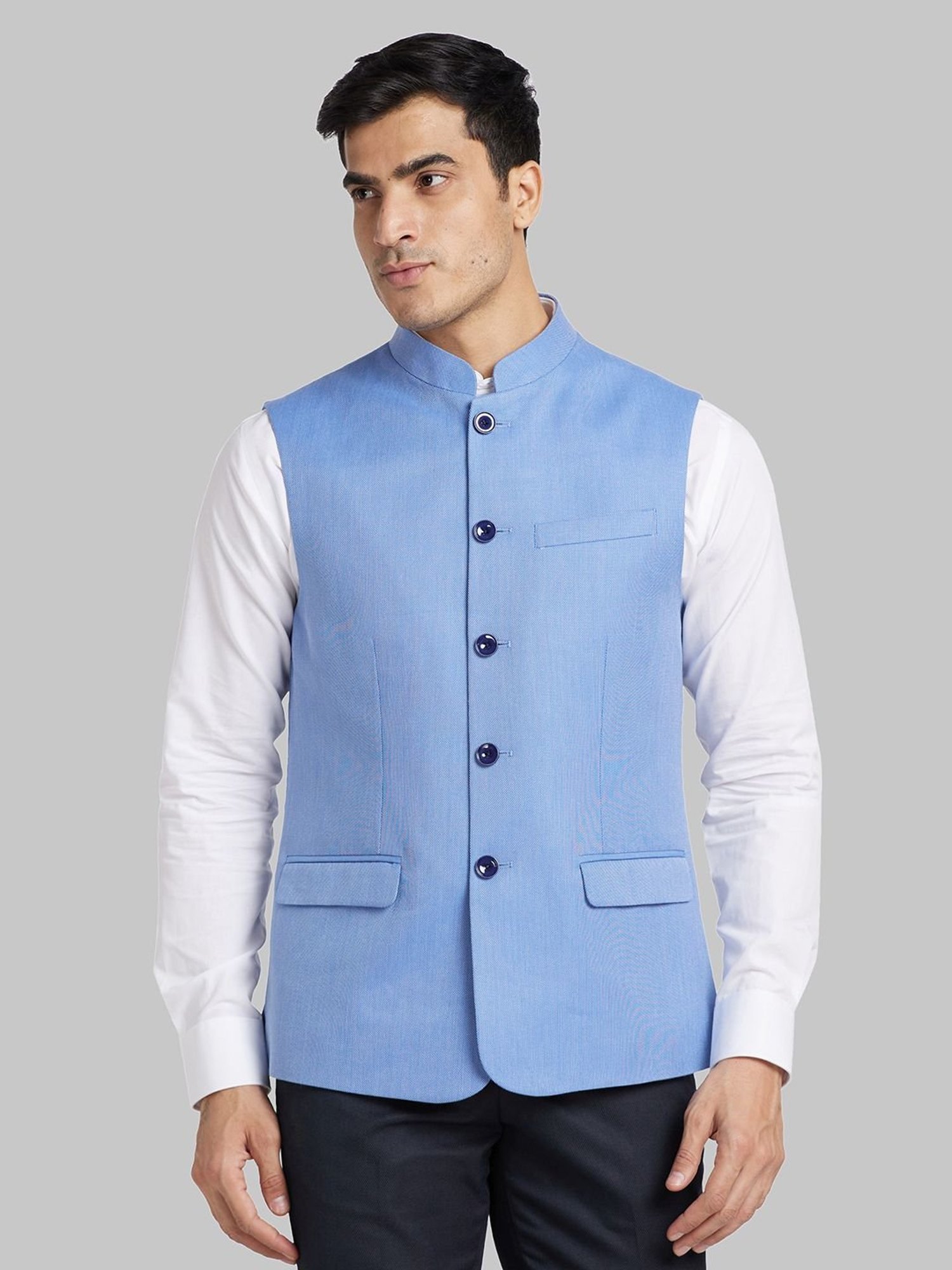 Park Avenue Blue Slim Fit Self Pattern Nehru Jacket