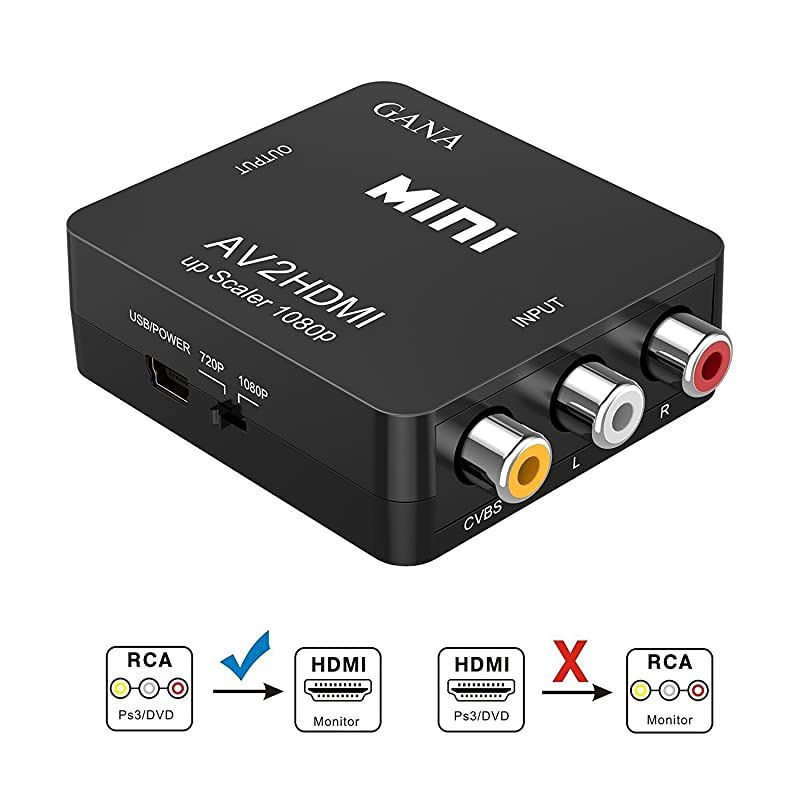 RCA to HDMI  1080P Mini RCA Composite CVBS AV to HDMI Video Audio Converter Adapter Supporting PALNTSC with USB Charge Cable for PC Laptop Xbox PS4 PS3 TV STB VHS VCR Camera DVD
