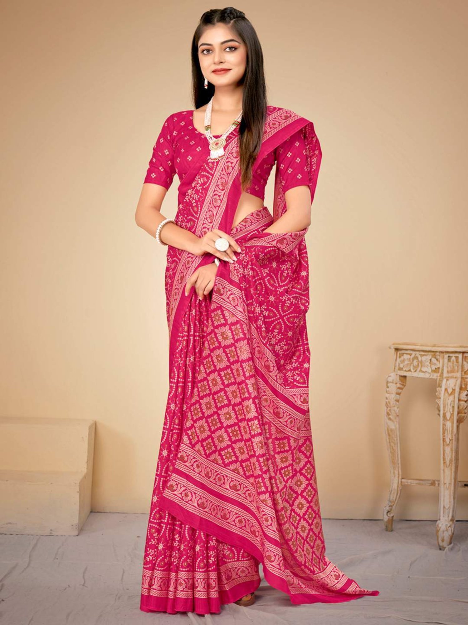 Saree Mall Pink Silk Printed Saree With Unstitched Blouse