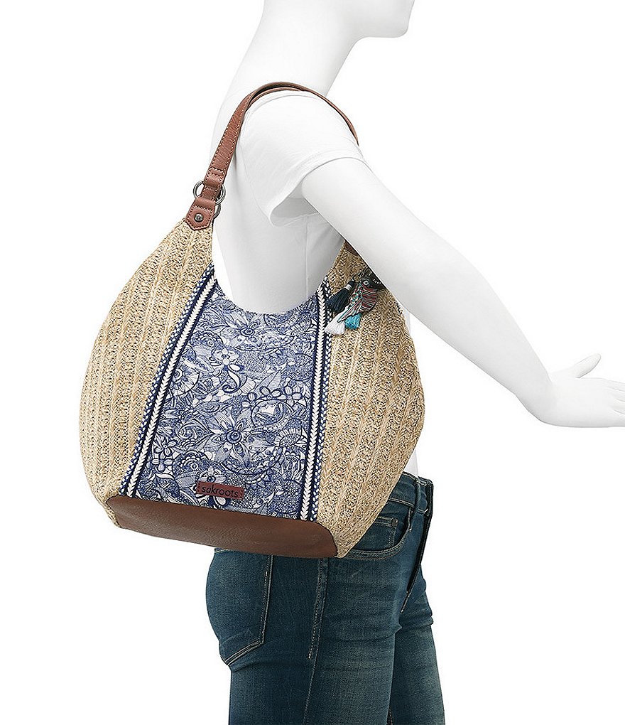 Sakroots Roma Straw Canvas Snap Floral Hobo Tassel Bag