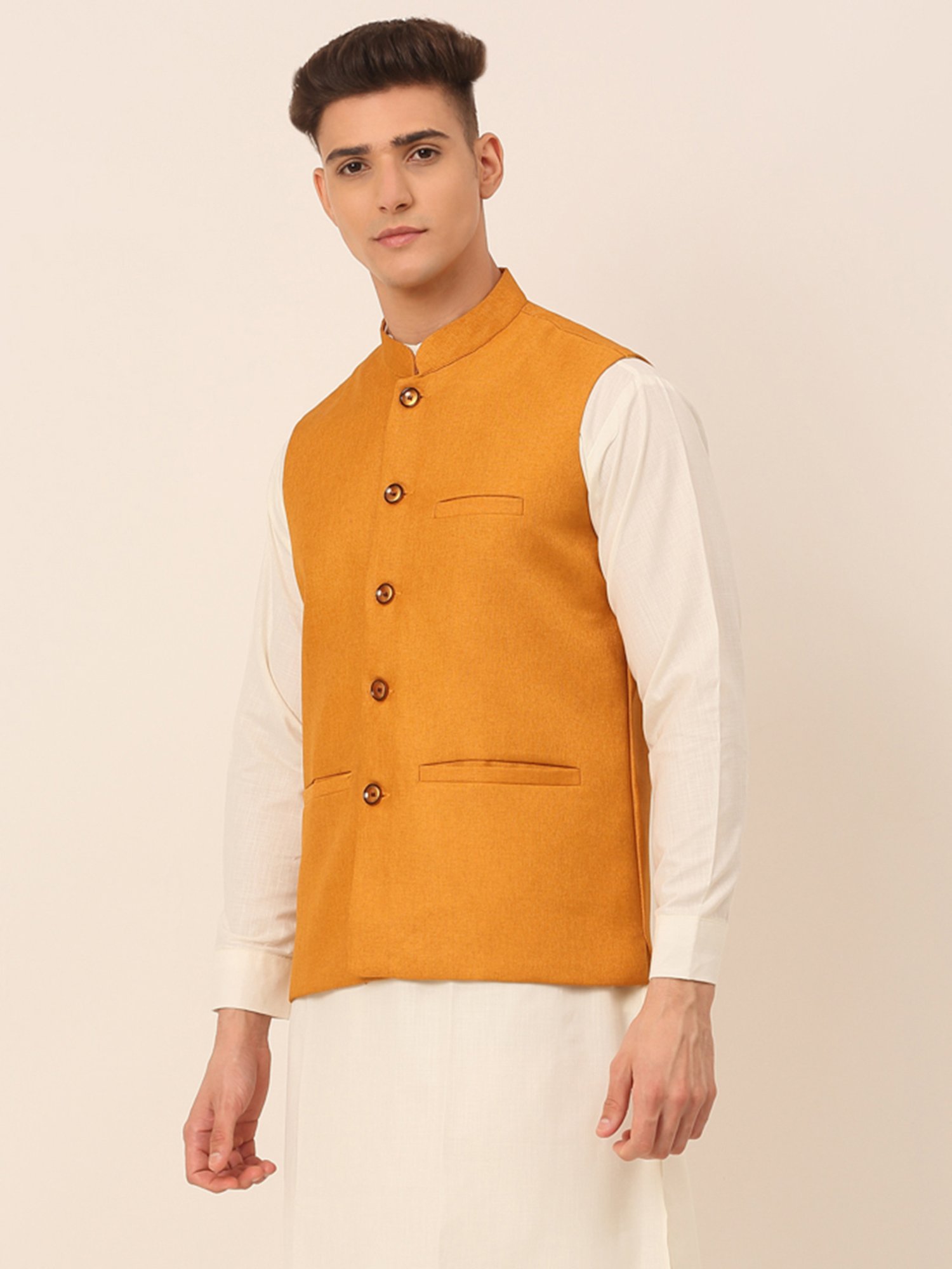 Jompers Yellow Regular Fit Nehru Jackets