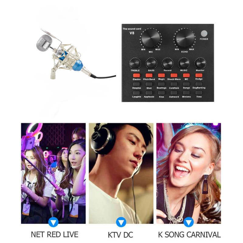 BM 8000 Condenser Wired Microphone Kit 3.5MM Recording Studio Mic With V8 Sound Card Pop Filter for KTV Karaoke Computer