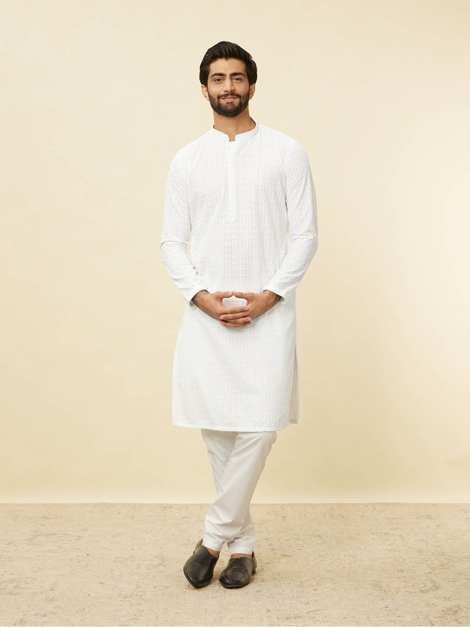 Manyavar White Regular Fit Embroidered Kurta Bottom Set