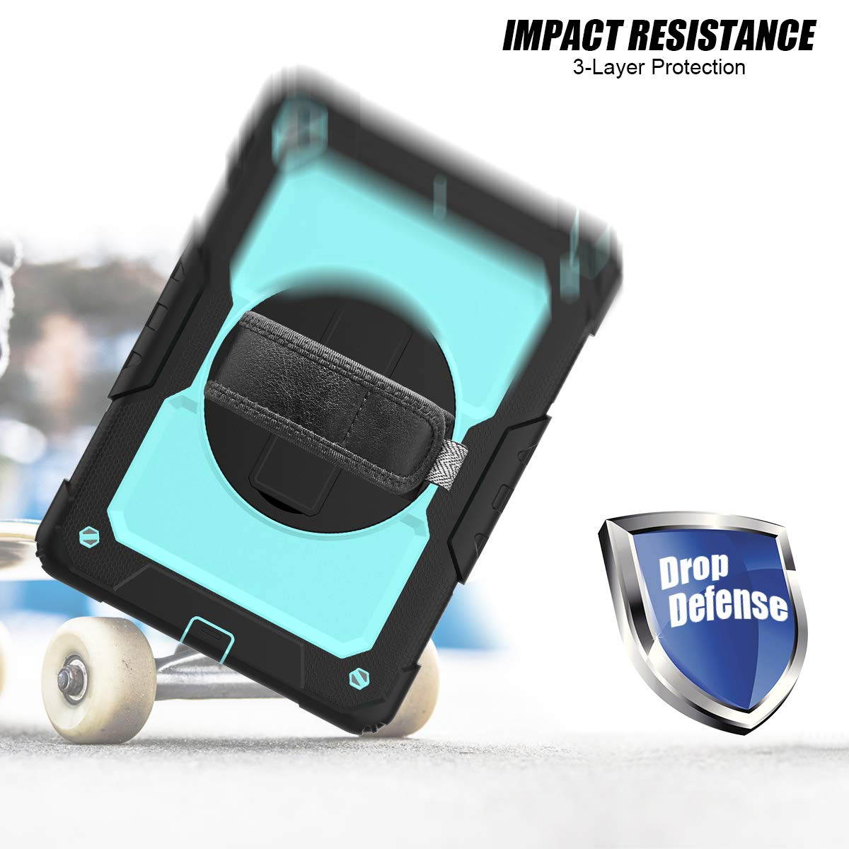 IPad 5th/6th Generation Case,Shockproof, Drop proof, 360 Degree Rotation Kickstand, Hand Strap,Shoulder Strip to Hang in Car Seat.Built-in Screen Protector for New iPad 9.7 2018/2017 Case