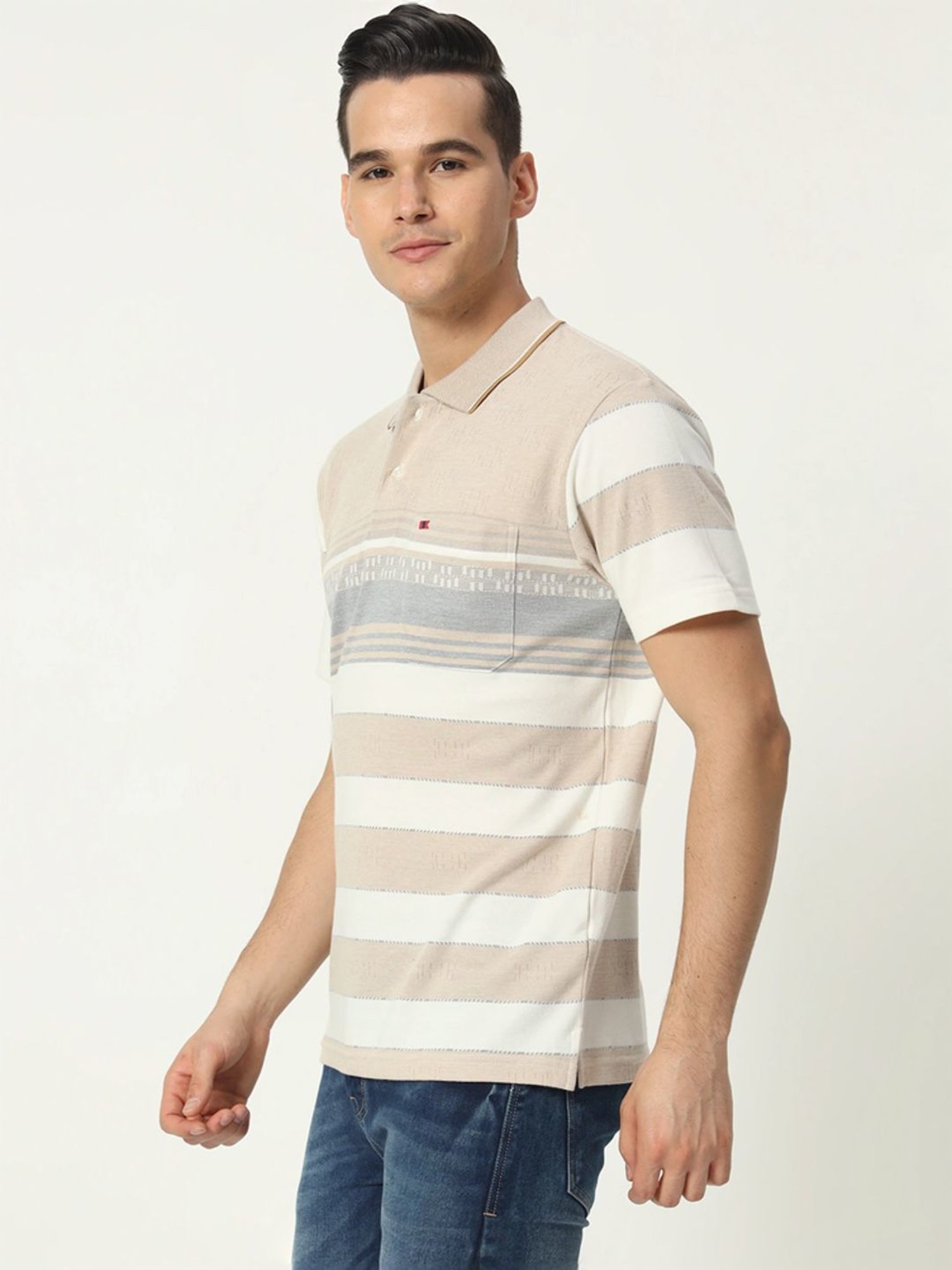 Tab91 Beige Regular Fit Striped Polo T-Shirts