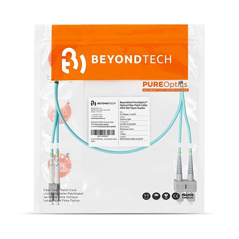 LC to SC OM4 Fiber Patch Cable Multimode Duplex 05m 1ft 50125 100Gb Aqua Color LSZH  PureOptics Series