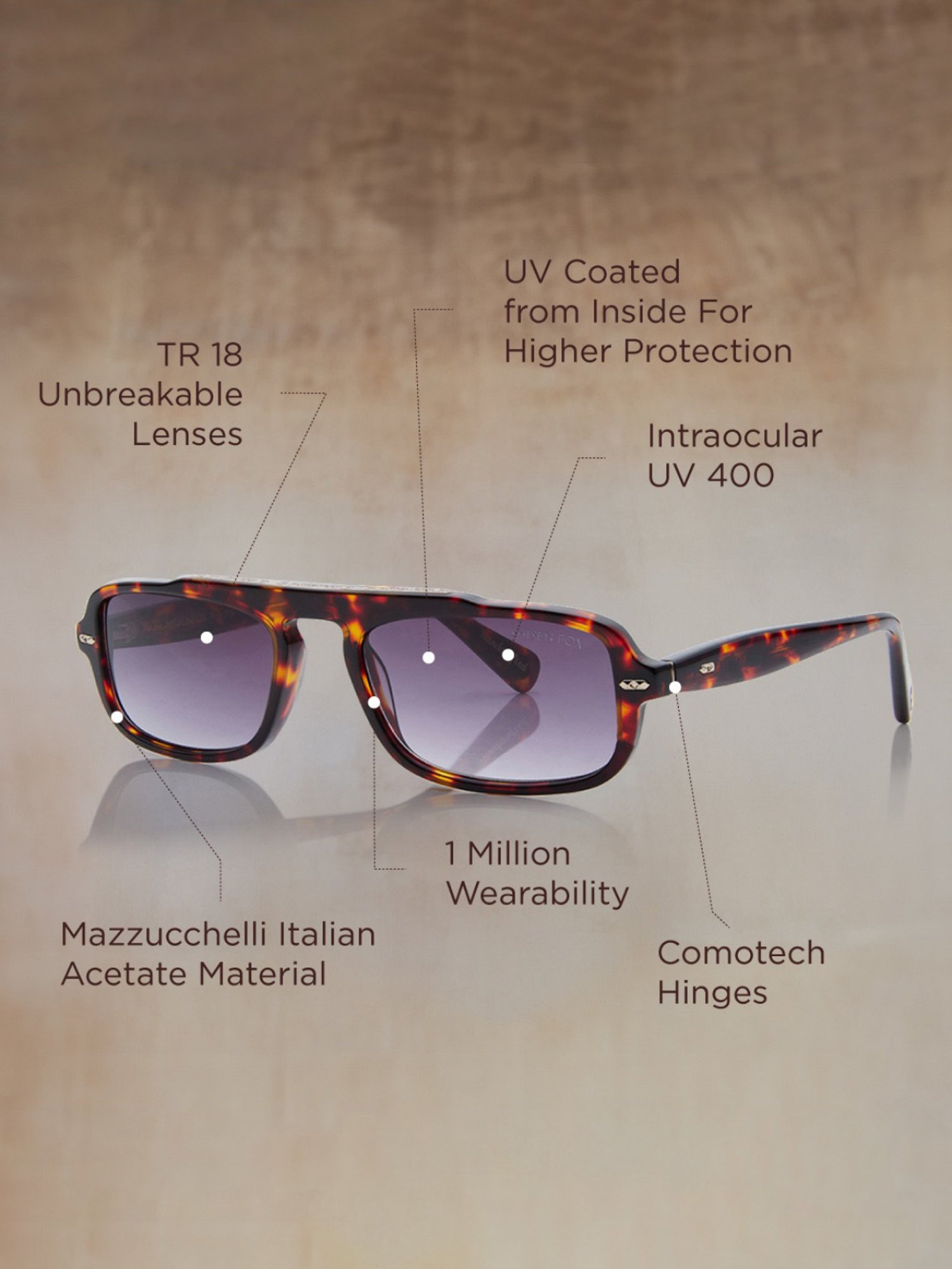 Shisen Fox Samurai Red Havana Rectangular Unisex UV Protection Sunglasses -54 mm