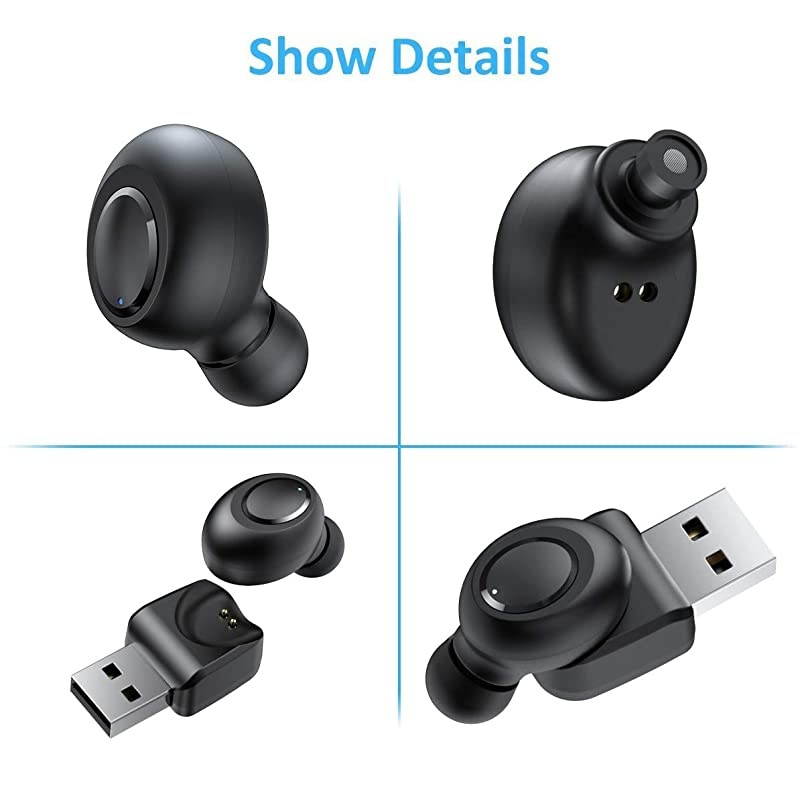 Single Bluetooth Earbud,  Mini Invisible Wireless Headset, in Ear Headphones, Sport Earpiece with Mic, Magnetic USB Charging for Car Vehicle Business, Waterproof Earphones for Samsung iPhone
