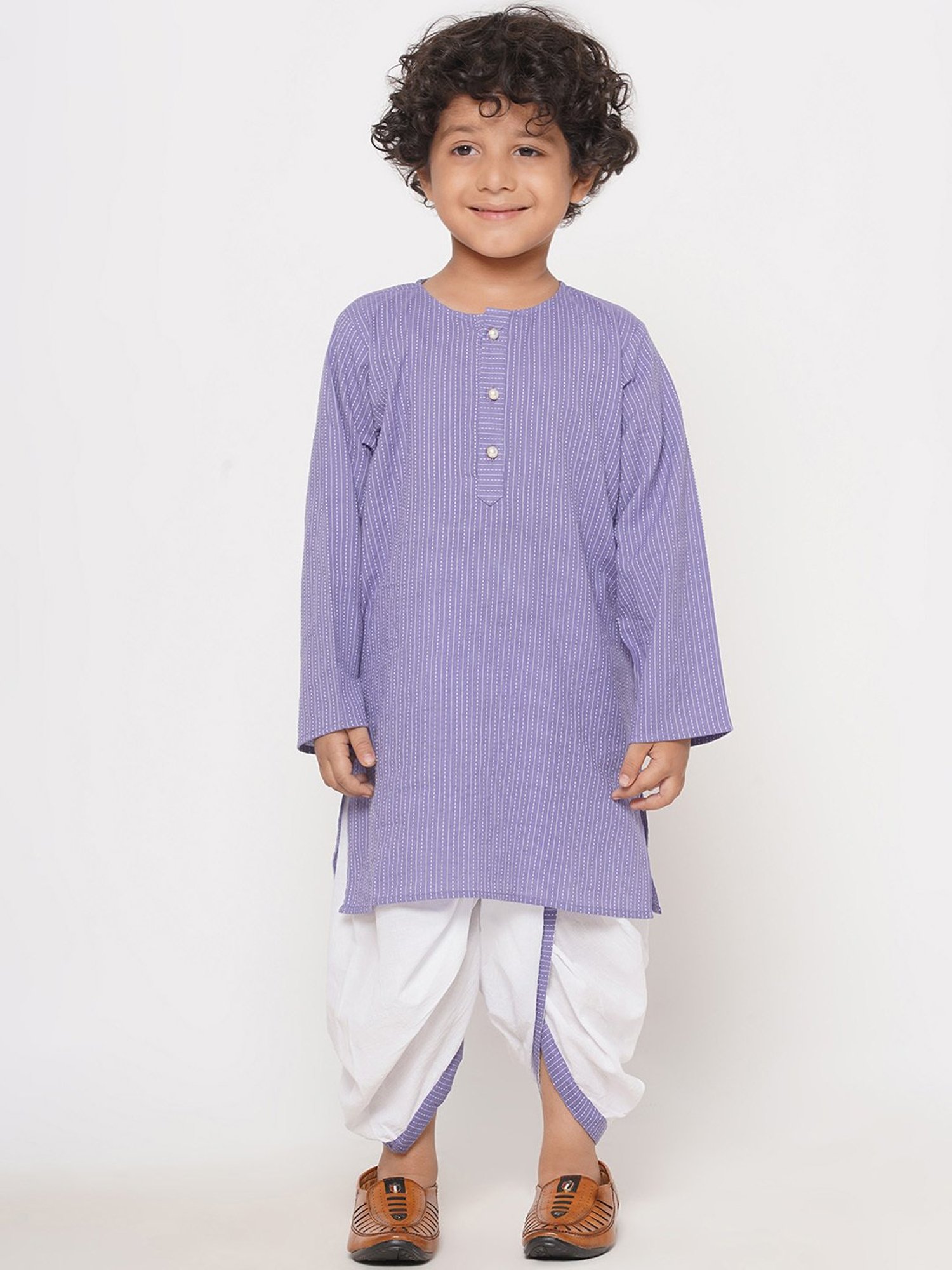 Little Bansi Kids Light Purple & White Striped Full Sleeves Kurta with Dhoti