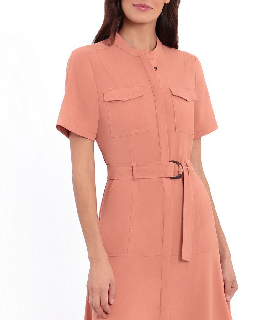 London Times Short Sleeve Button Front Collared Utility Shirtdress