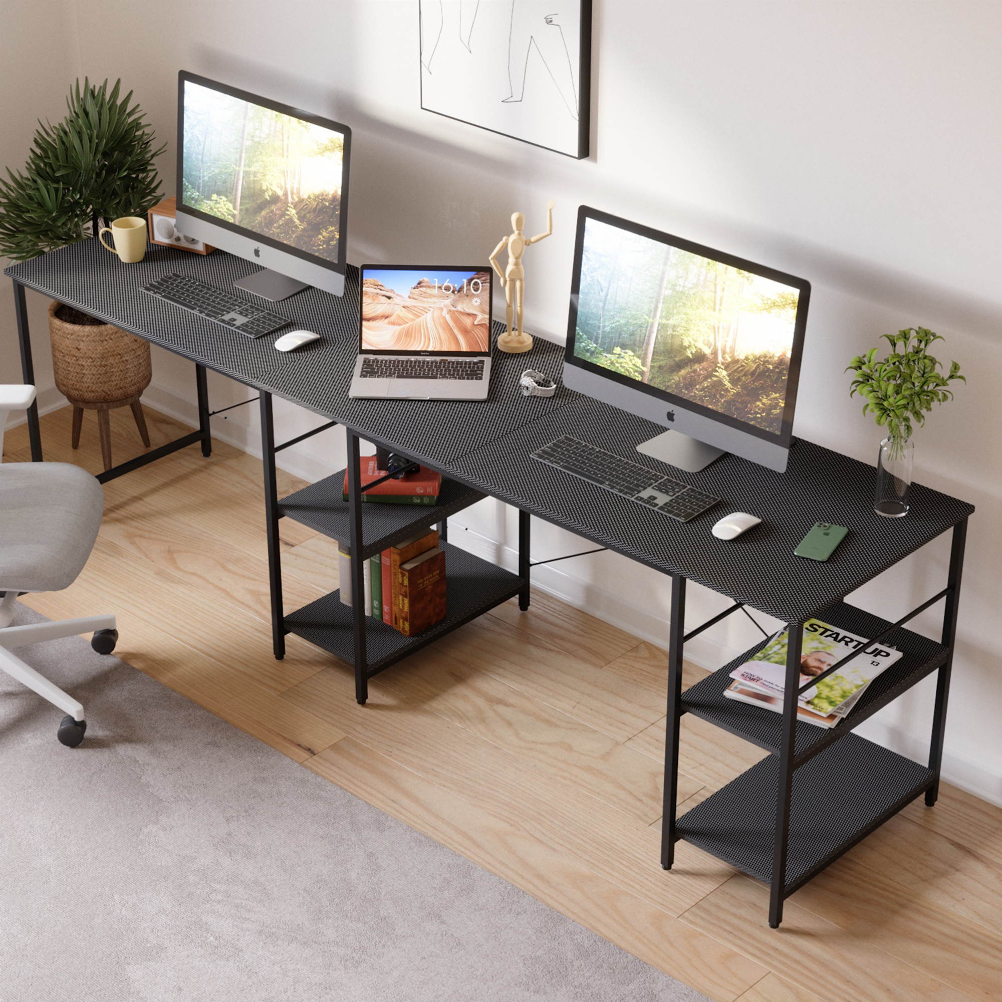Bestier L Shaped Desk with Shelves 95.2 Inch Reversible Corner Computer Desk or 2 Person Long Table for Home Office Large Gaming Writing Storage Workstation P2 Board with 3 Cable Holes, Grey Oak