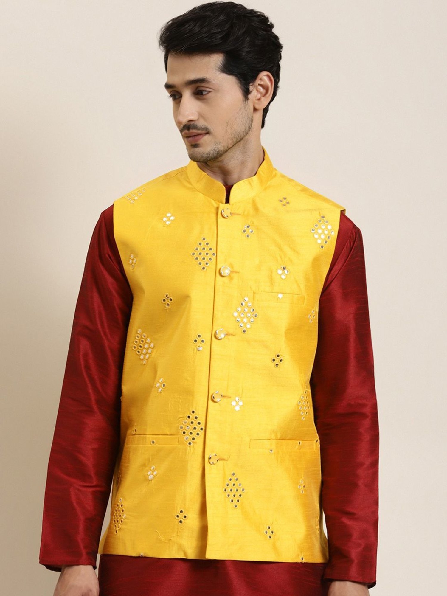 Sojanya Yellow Regular Fit Self Pattern Nehru Jacket
