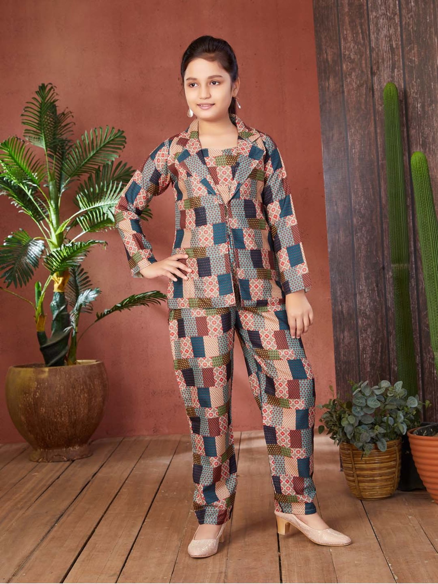 Aarika Girls Multicolor Printed Full Sleeves Crop Top, Pants with Coat