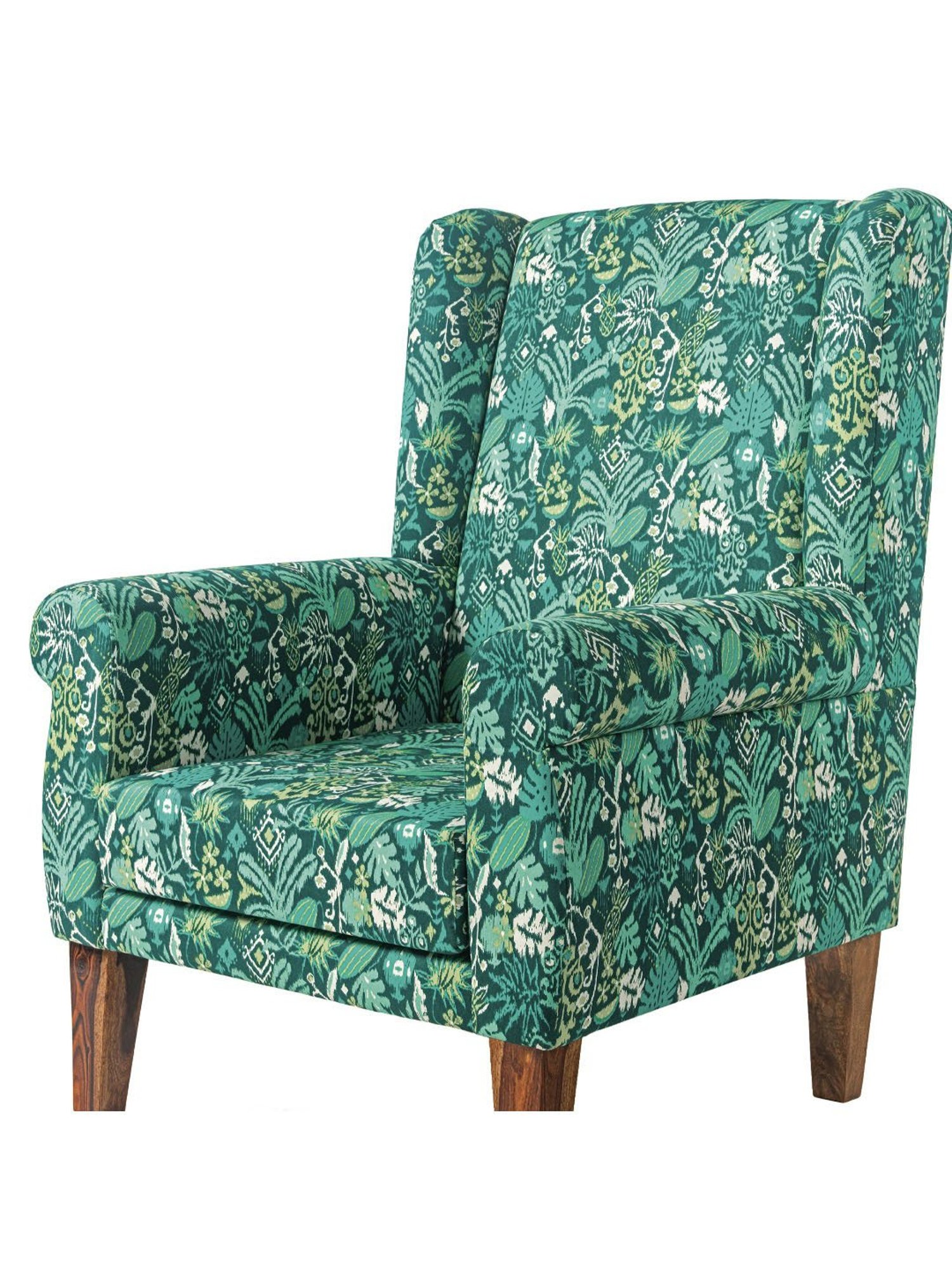 Chumbak Tropical Ikkat Floral Green Sheesham Wood Begum Wing Chair