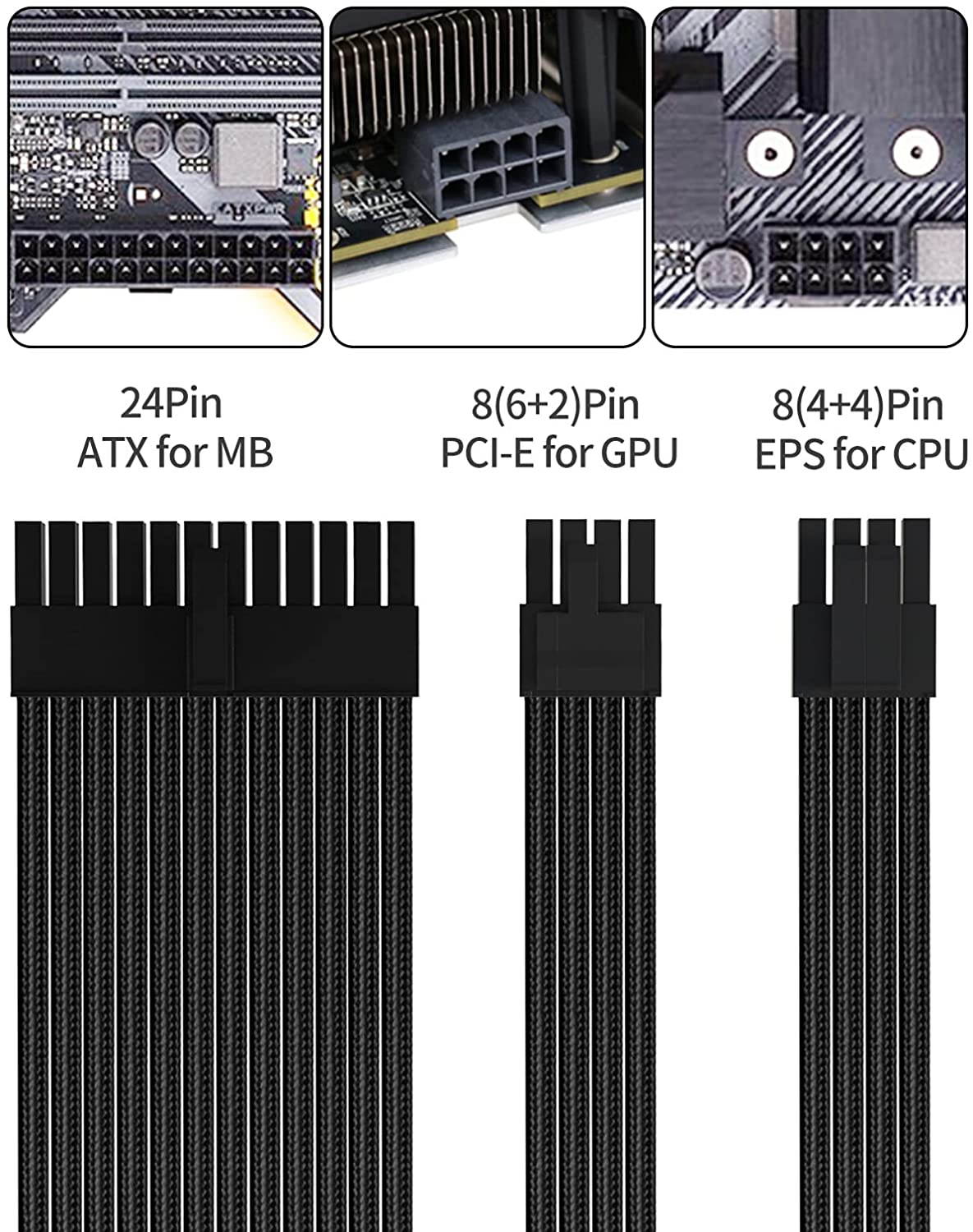 Power Supply Sleeved Cable, Extension PC Kit, 18AWG 24Pin ATX / 8 (4+4) Pin EPS / 8 (6+2) Pin PCI-E Power Supply PSU Cable with Combs, 30CM