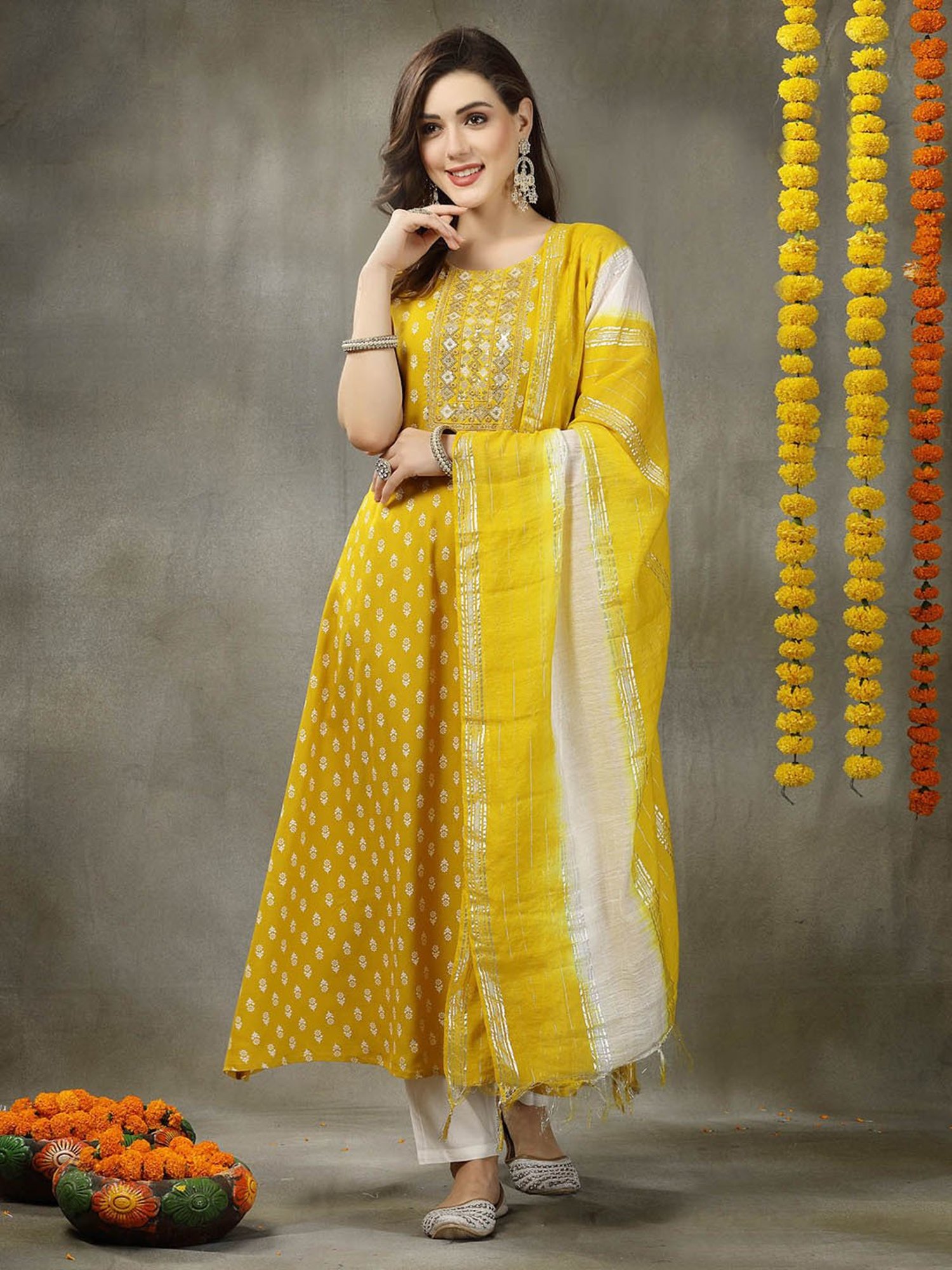 Stylum Yellow Rayon Embroidered A Line Kurta With Dupatta