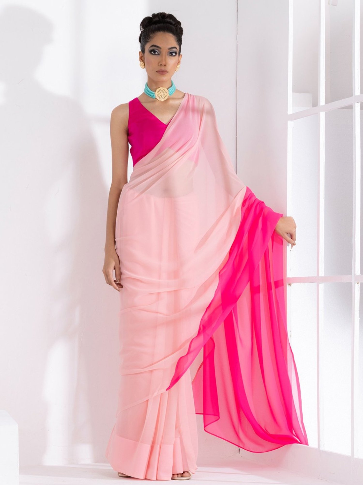 Swtantra Blush Pink Plain Saree With Unstitched Blouse