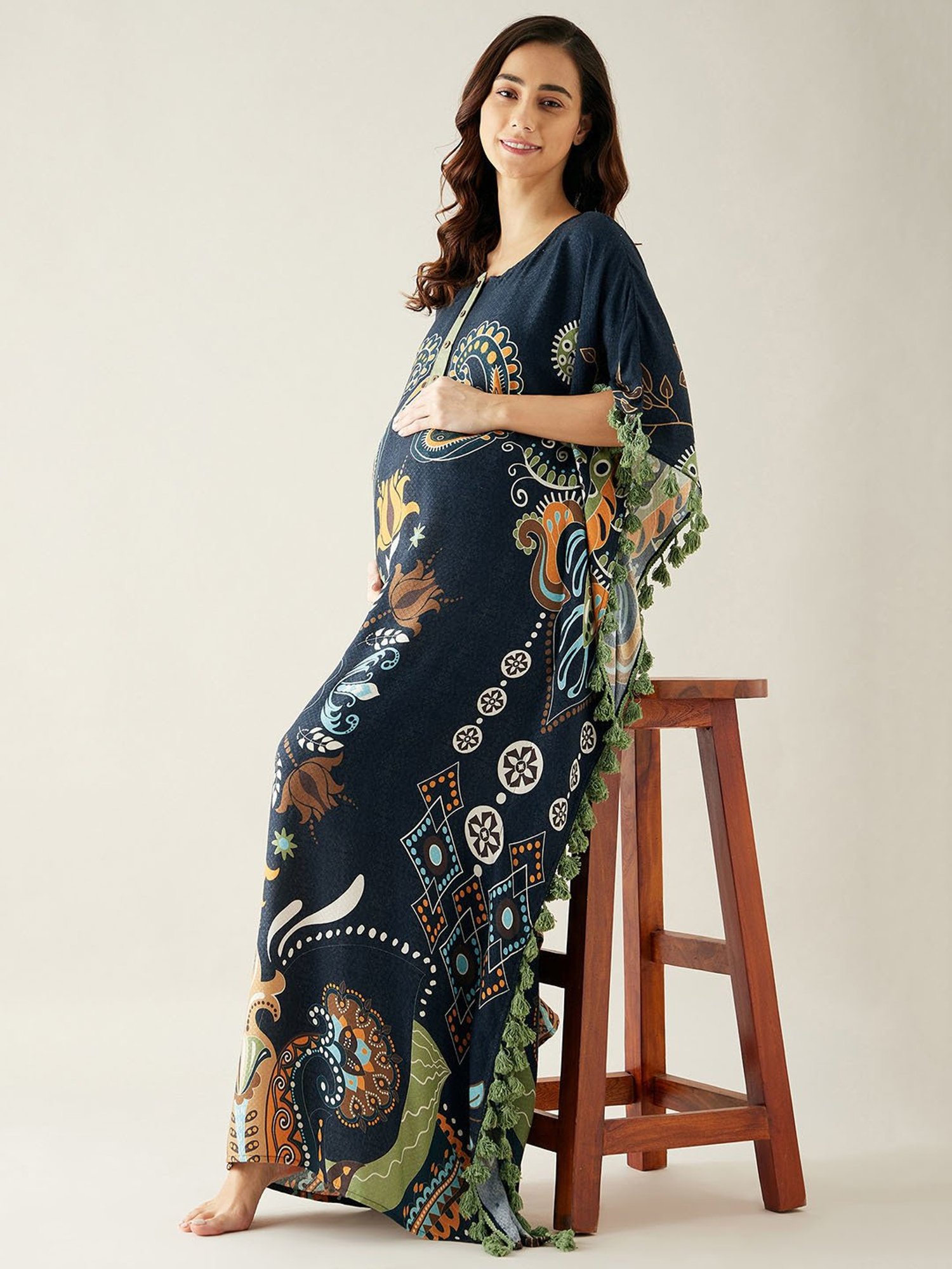 The Kaftan Company Navy Printed Maternity Kaftan Night Dress